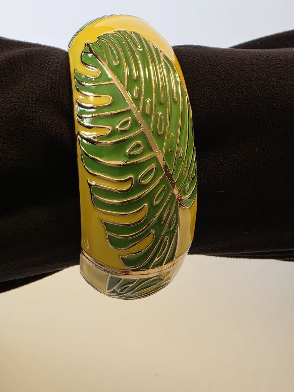 Sequin Tropical Leaf Yellow & Green Resin Bangle